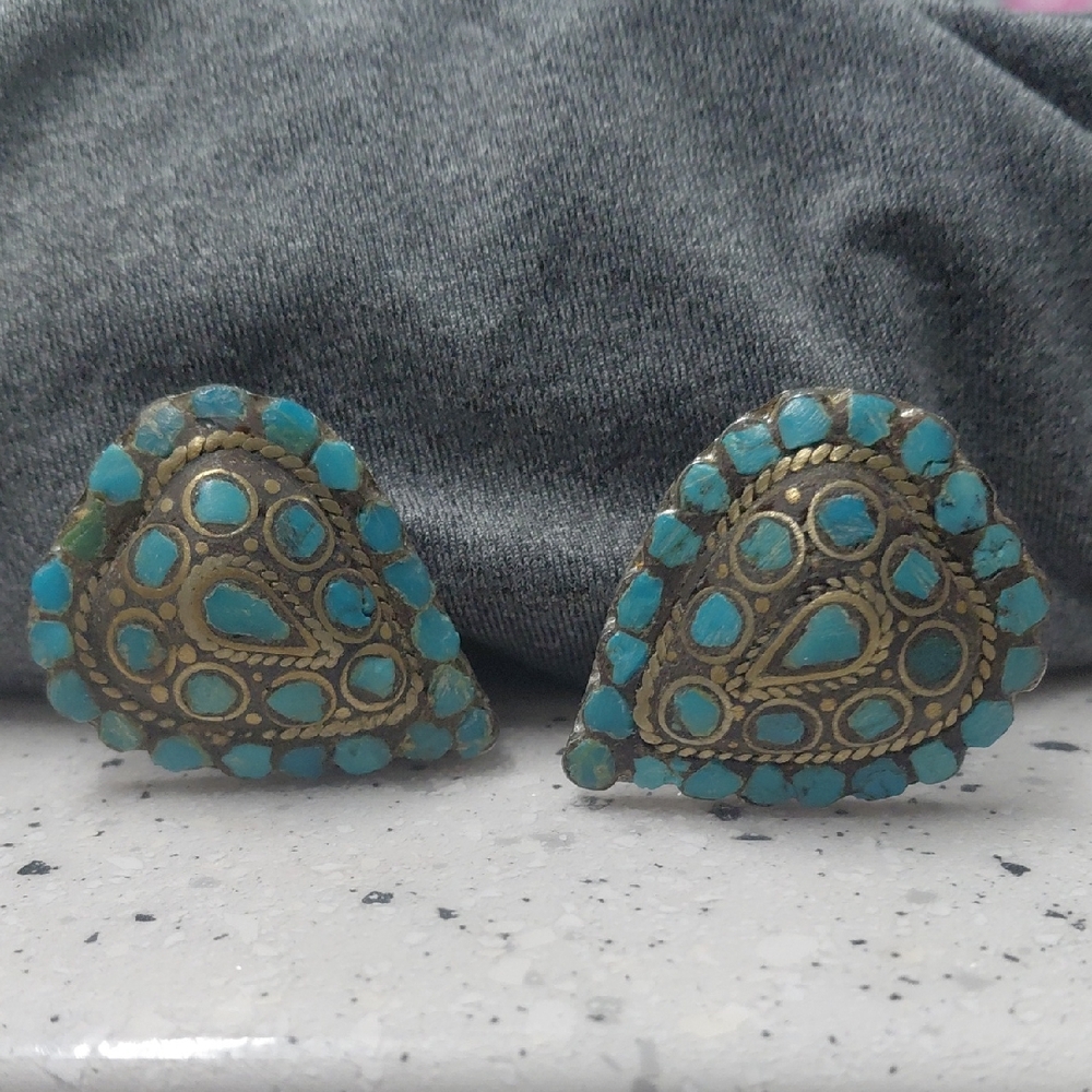 Vintage India Turquoise Clip On Earrings